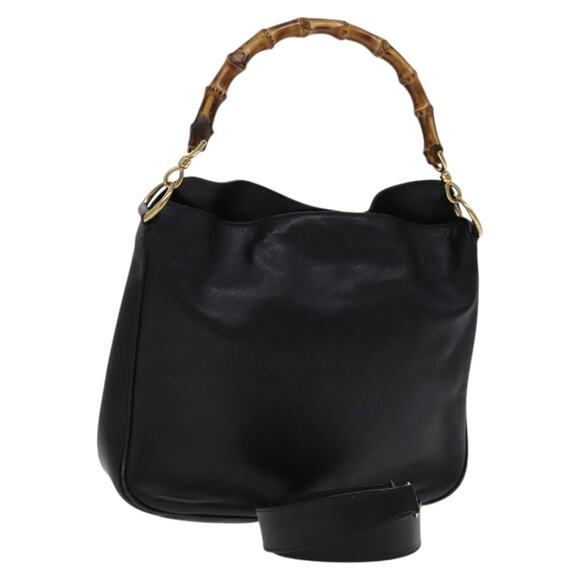 GUCCI Bamboo Hand Bag Leather Black Gold 001 2113 001 2113 - Picture 1 of 16